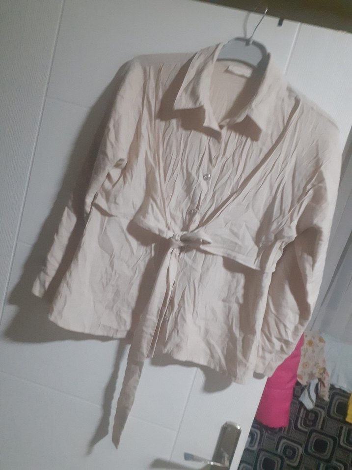 bej Kemerli Keten Kadın Gömlek - Görsel 2