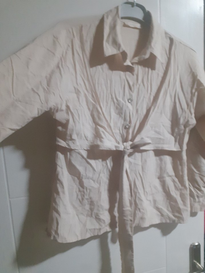 bej Kemerli Keten Kadın Gömlek - Görsel 3