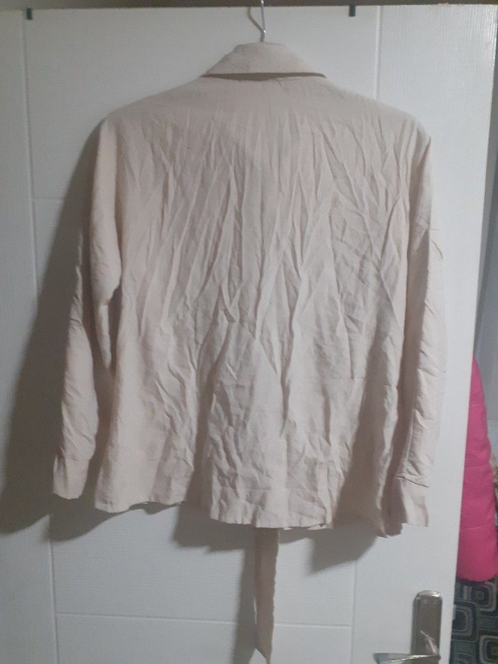 bej Kemerli Keten Kadın Gömlek - Görsel 4