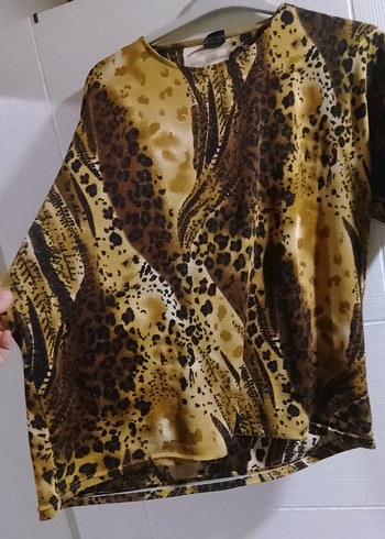 Kahverengi Bağlama Desenli Kısa Kollu Bluz - Görsel 5