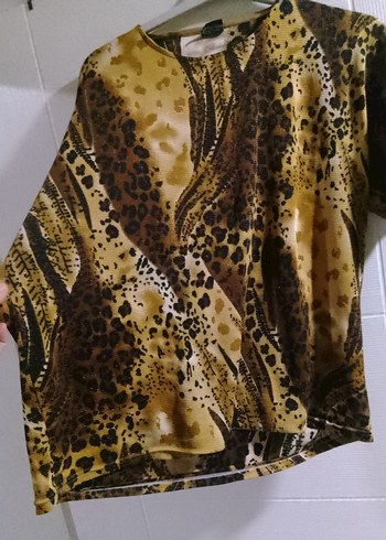 Kahverengi Bağlama Desenli Kısa Kollu Bluz - Görsel 6