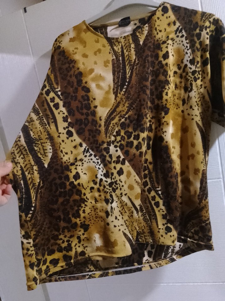 Kahverengi Bağlama Desenli Kısa Kollu Bluz - Görsel 5