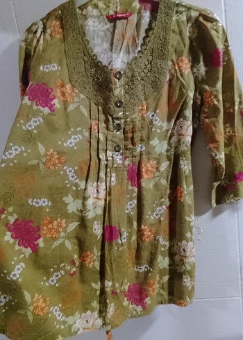 Düğmeli V Yaka Bohem Kadın Bluz - Görsel 3