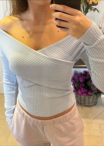 Bershka Bebe Mavisi Kruvaze Yaka Bluz - Görsel 5