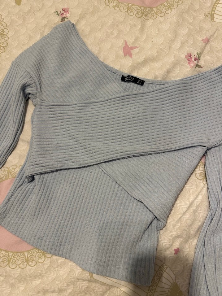 Bershka Bebe Mavisi Kruvaze Yaka Bluz - Görsel 2