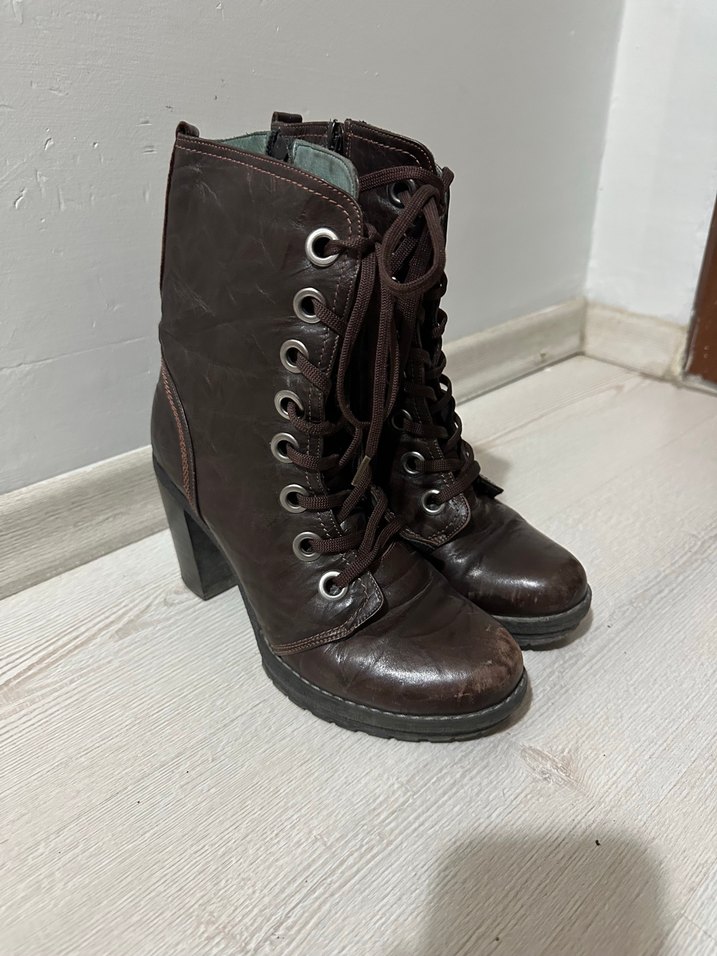 Kahverengi Deri Topuklu Bot - Görsel 5