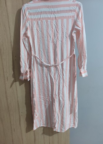 40 Beden pembe Renk Pembe Çizgili Uzun Keten Kadın Gömlek