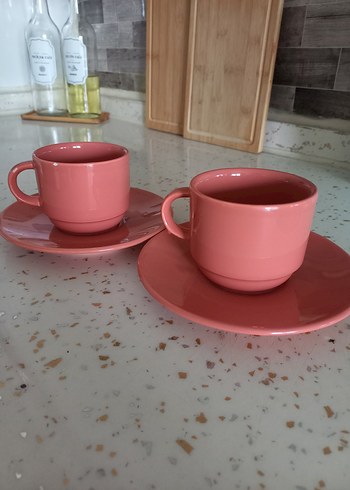 Pastel Pembe Seramik Fincan ve Tabak Seti