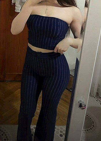 Lacivert Çizgili Straplez Büstiyer ve Alt Üst takım - Görsel 2