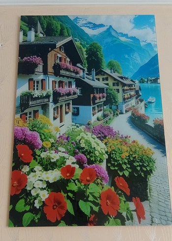 Beden Renkli Doğa ve Köy Manzarası Cam Tablo