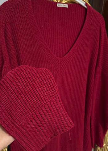Bordo V Yaka Örgü Kadın Kazak - Görsel 3