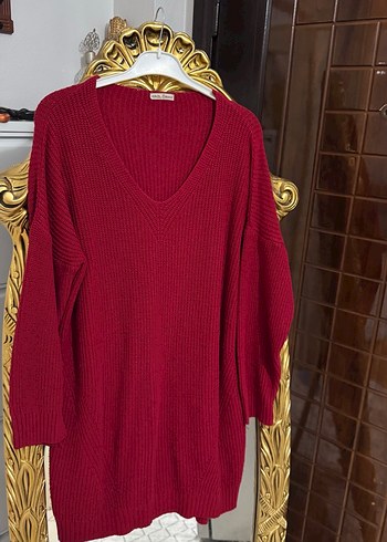 Bordo V Yaka Örgü Kadın Kazak - Görsel 2