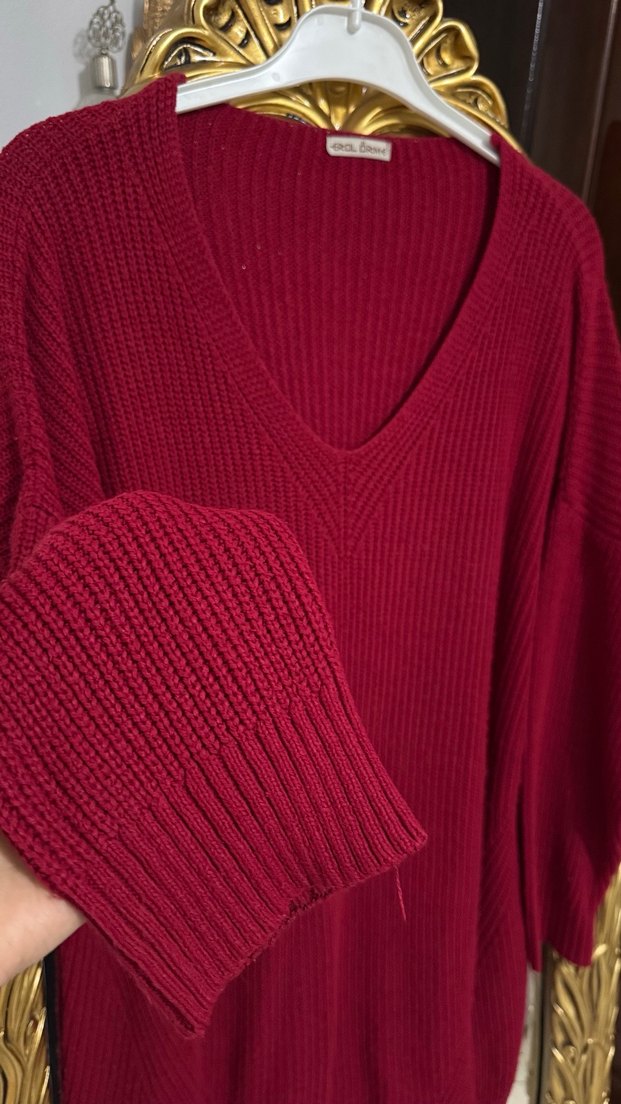 Bordo V Yaka Örgü Kadın Kazak - Görsel 3