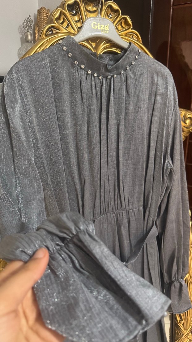 Gri Pilili Uzun Kollu Bohem Abiye Elbise - Görsel 4