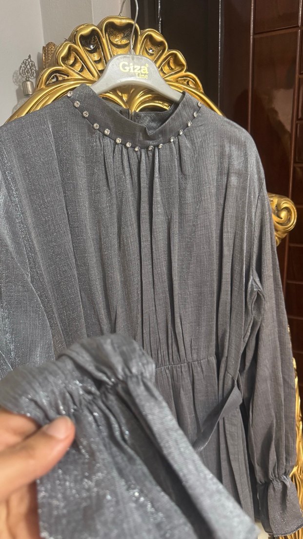 Gri Pilili Uzun Kollu Bohem Abiye Elbise - Görsel 2