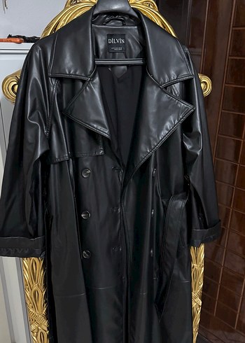 Kadın Siyah Deri Uzun Trençkot - Görsel 4