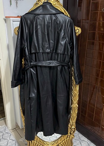 Kadın Siyah Deri Uzun Trençkot - Görsel 5