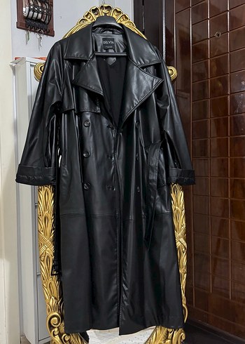 Kadın Siyah Deri Uzun Trençkot - Görsel 2
