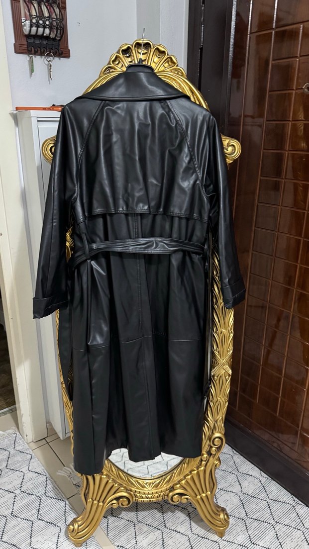 Kadın Siyah Deri Uzun Trençkot - Görsel 5