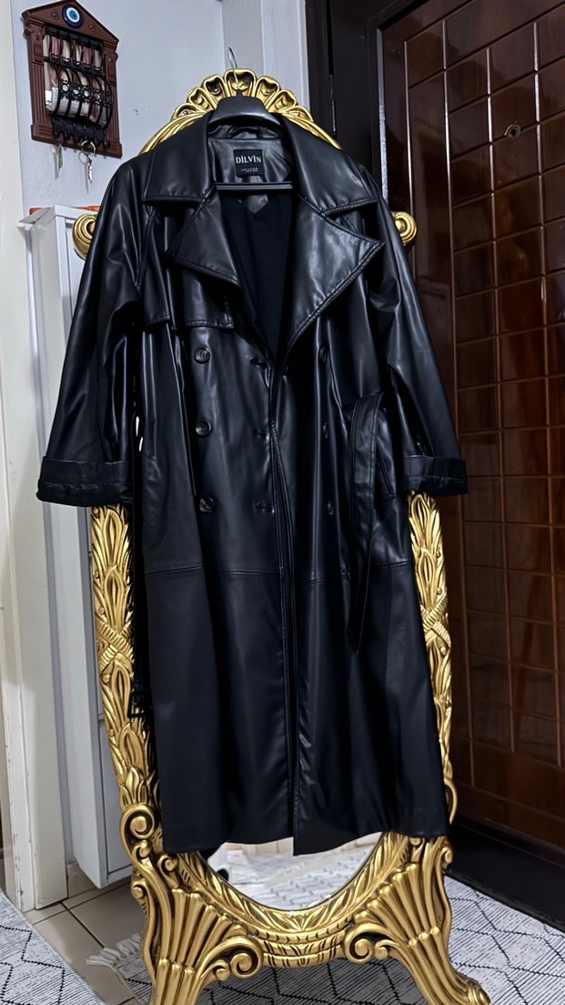 Kadın Siyah Deri Uzun Trençkot - Görsel 3