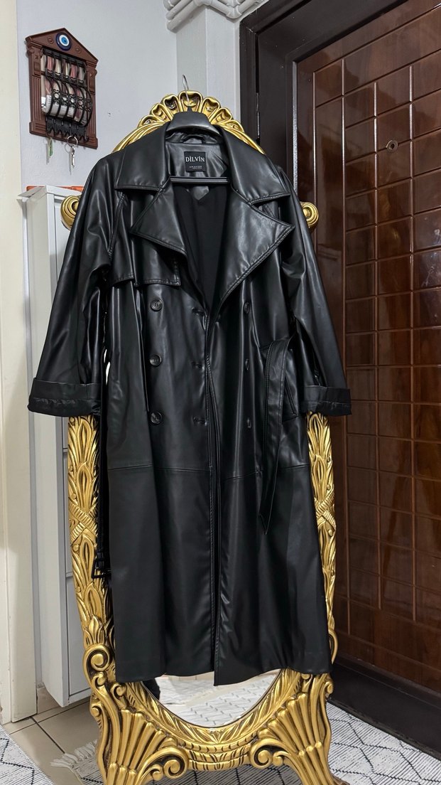 Kadın Siyah Deri Uzun Trençkot - Görsel 2