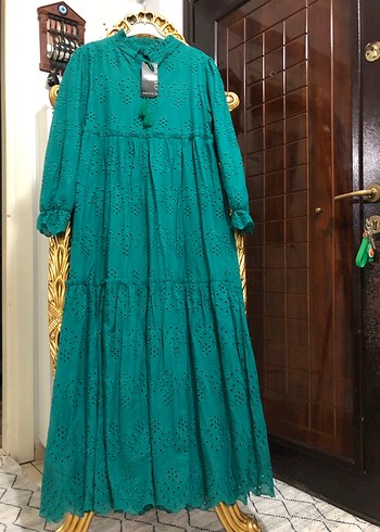 Turkuaz Nakışlı Uzun Bohem Elbise - Görsel 3