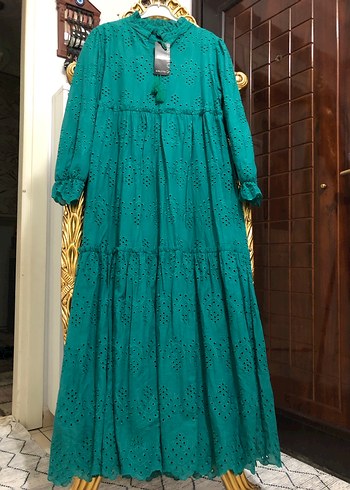 Turkuaz Nakışlı Uzun Bohem Elbise - Görsel 2