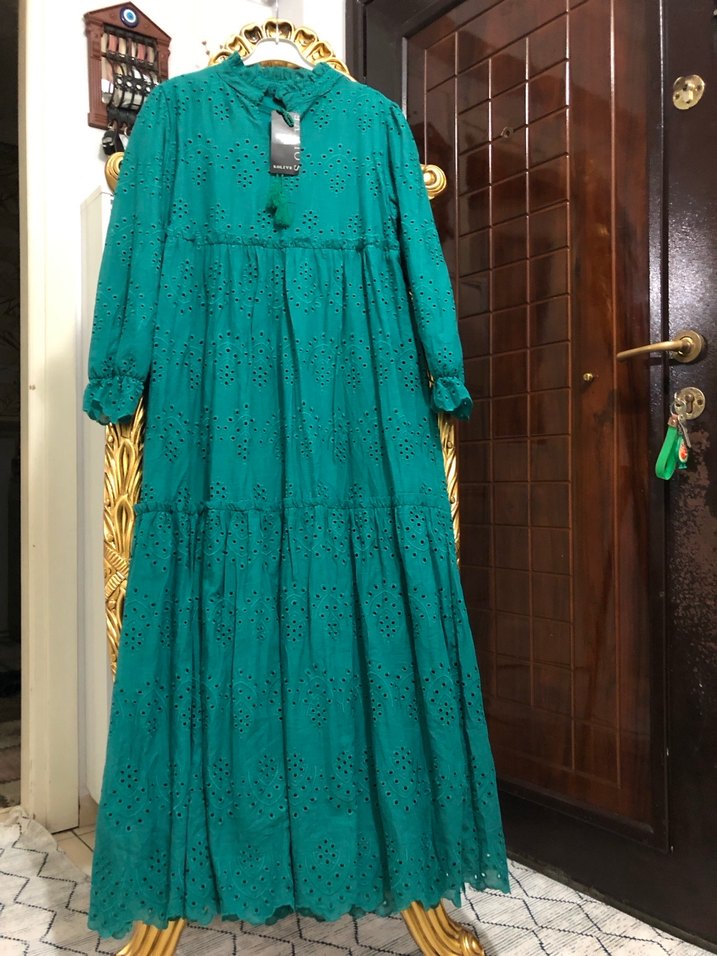 Turkuaz Nakışlı Uzun Bohem Elbise - Görsel 3