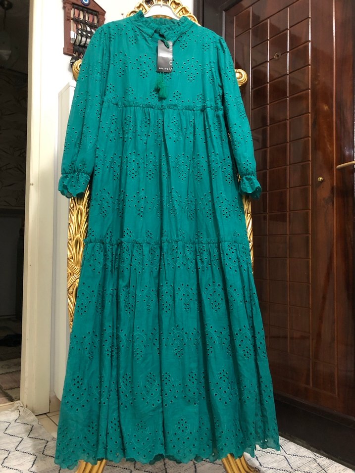 Turkuaz Nakışlı Uzun Bohem Elbise - Görsel 2