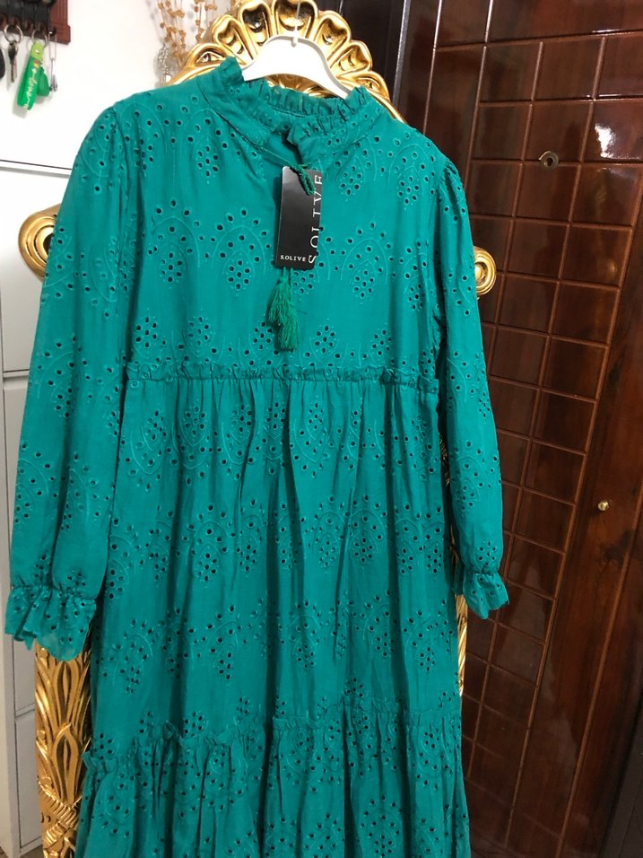 Turkuaz Nakışlı Uzun Bohem Elbise - Görsel 4