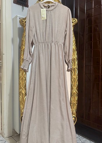 Bej Parlak Keten Uzun Elbise - Görsel 5