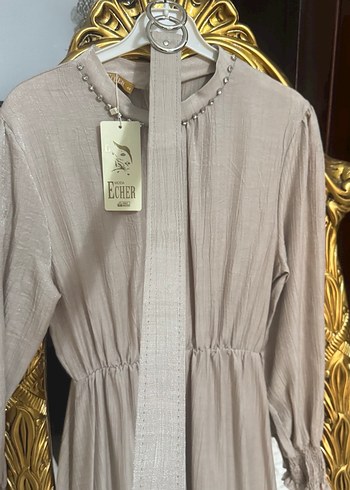 Bej Parlak Keten Uzun Elbise - Görsel 4