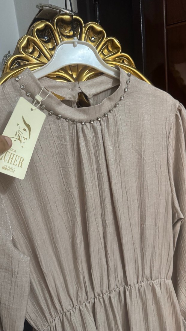 Bej Parlak Keten Uzun Elbise - Görsel 2