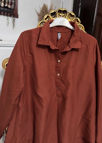 Düğmeli Kahverengi  Kadın Gömlek - Görsel 4