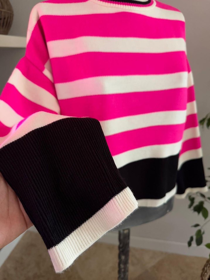 Renkli Çizgili Örgü Kadın Kazak - Görsel 3