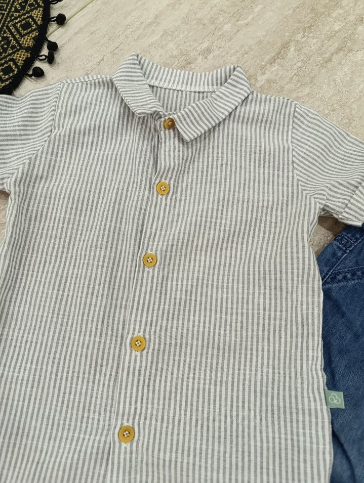 Erkek Bebek Gri Çizgili Kısa Kollu Gömlek ve Kot Pantolon - Görsel 2