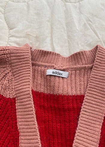 Pembe Kırmızı Çizgili Kadın Triko Hırka - Görsel 2