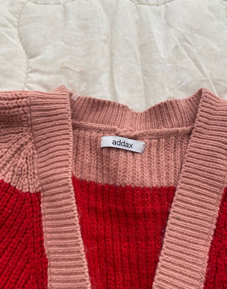 Pembe Kırmızı Çizgili Kadın Triko Hırka - Görsel 2