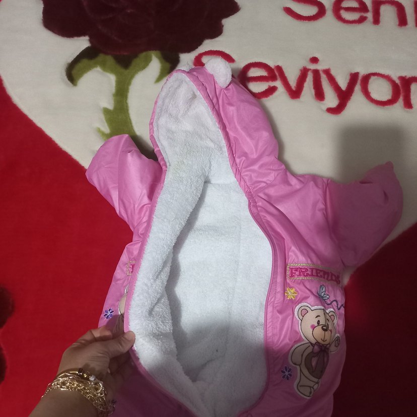 Kürklü Kapüşonlu Pembe Bebek Tulumu - Görsel 5