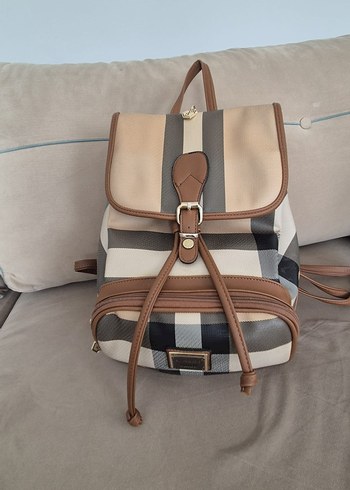 Bej Ekose Desenli Deri Kadın Sırt Çantası - Görsel 6