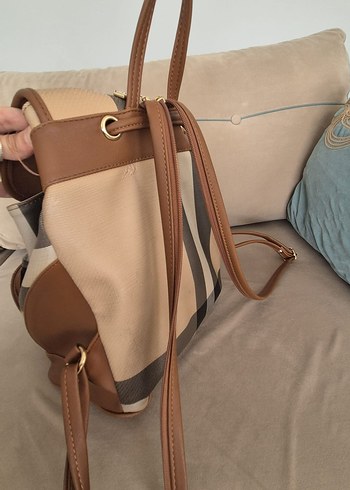 Bej Ekose Desenli Deri Kadın Sırt Çantası - Görsel 5