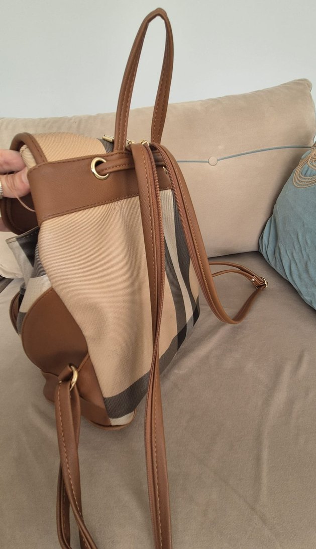 Bej Ekose Desenli Deri Kadın Sırt Çantası - Görsel 5