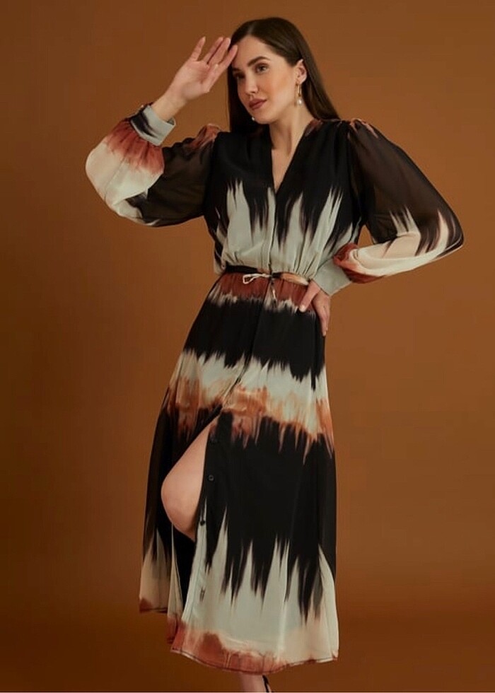 Batik desen şifon elbise - Görsel 2