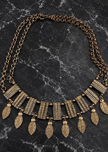 American Vintage Bohem Antik Bronz Yaprakli Kolye