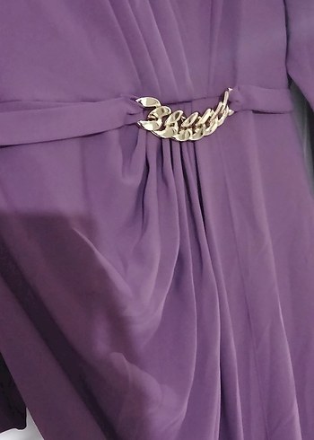 Mor Uzun Kollu Drapeli Kadın Abiye Elbise - Görsel 3