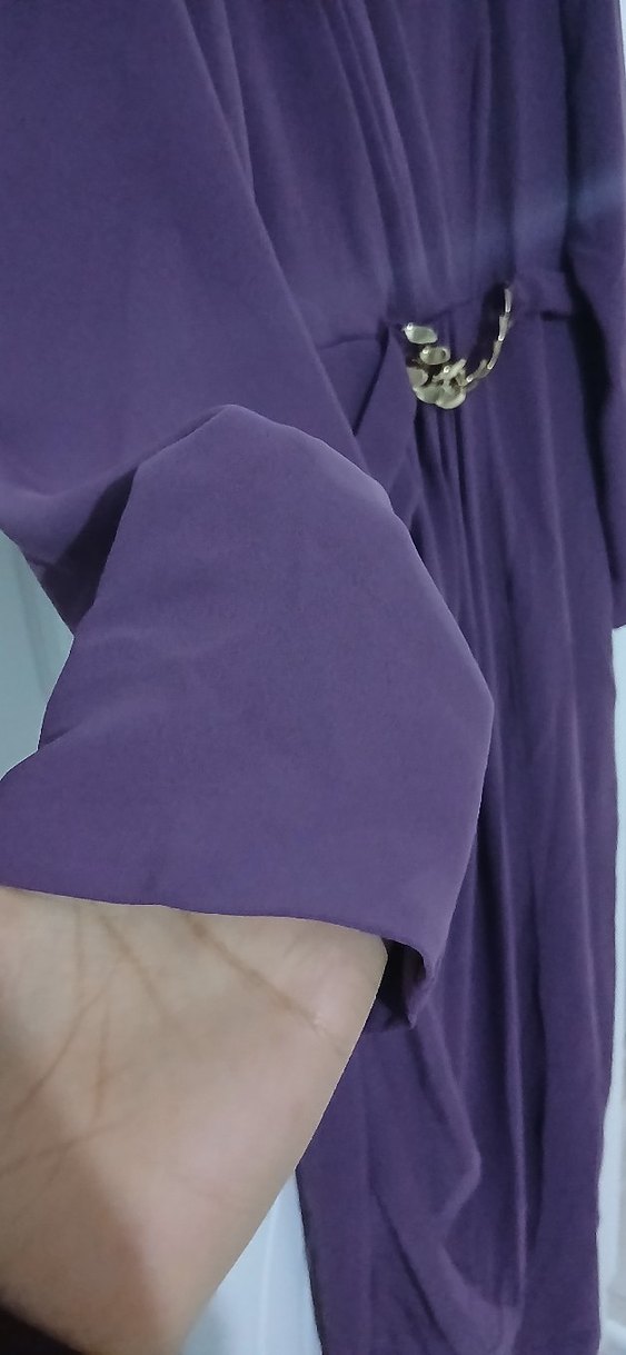 Mor Uzun Kollu Drapeli Kadın Abiye Elbise - Görsel 2