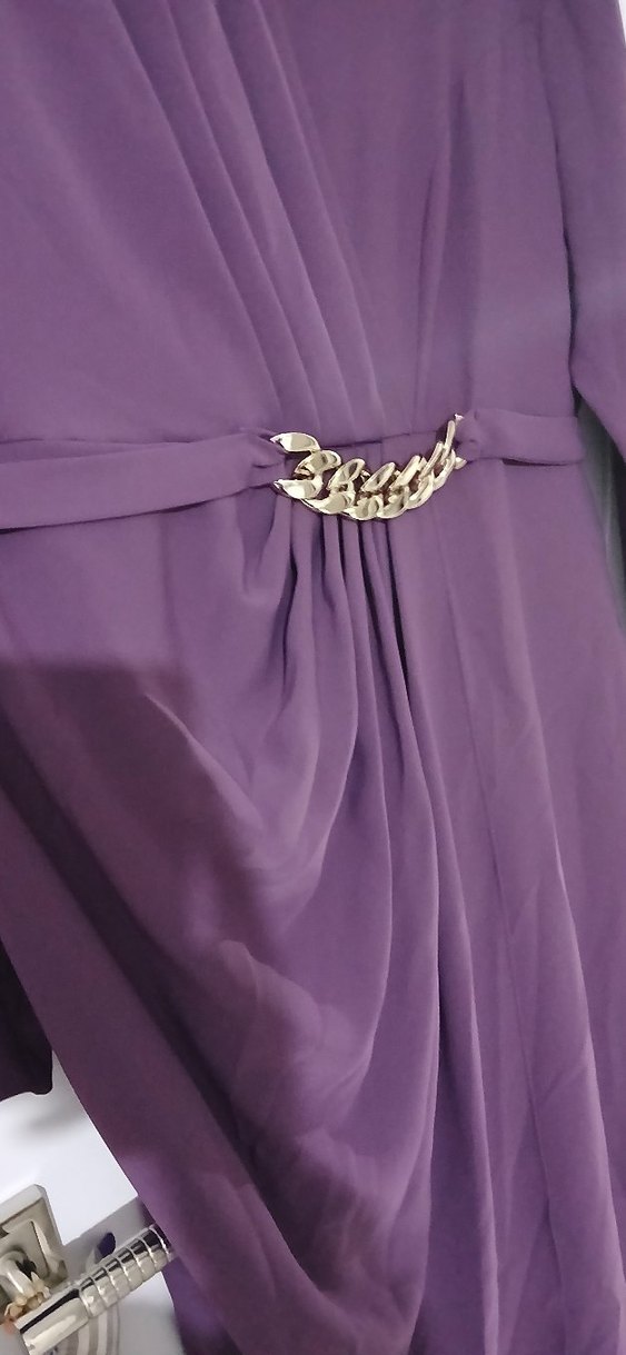 Mor Uzun Kollu Drapeli Kadın Abiye Elbise - Görsel 3