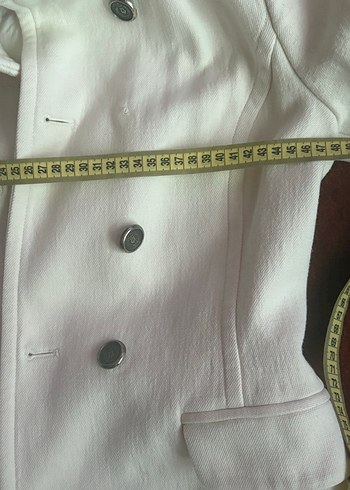 Mango Düğmeli Uzun Beyaz Keten Kadın Kaban - Görsel 7