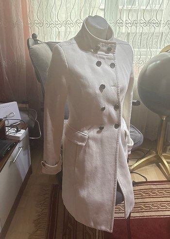 Mango Düğmeli Uzun Beyaz Keten Kadın Kaban - Görsel 2