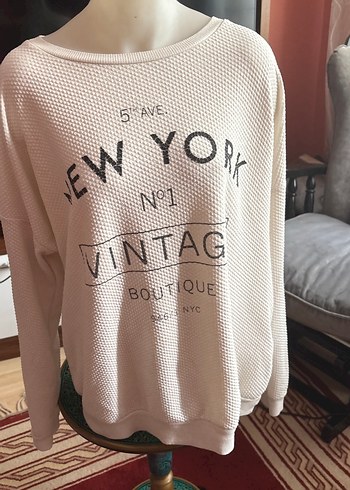 New York Vintage Dokulu Sweatshirt  Krem / Oversize - Görsel 4